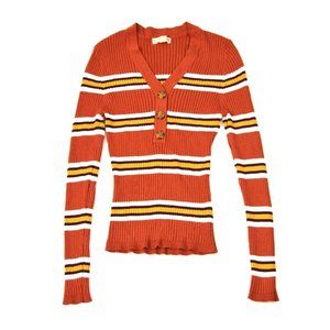 It’s Our Time Coral Ribbed Sweater VNeck Buttons Medium Long Sleeve Juniors Sz M